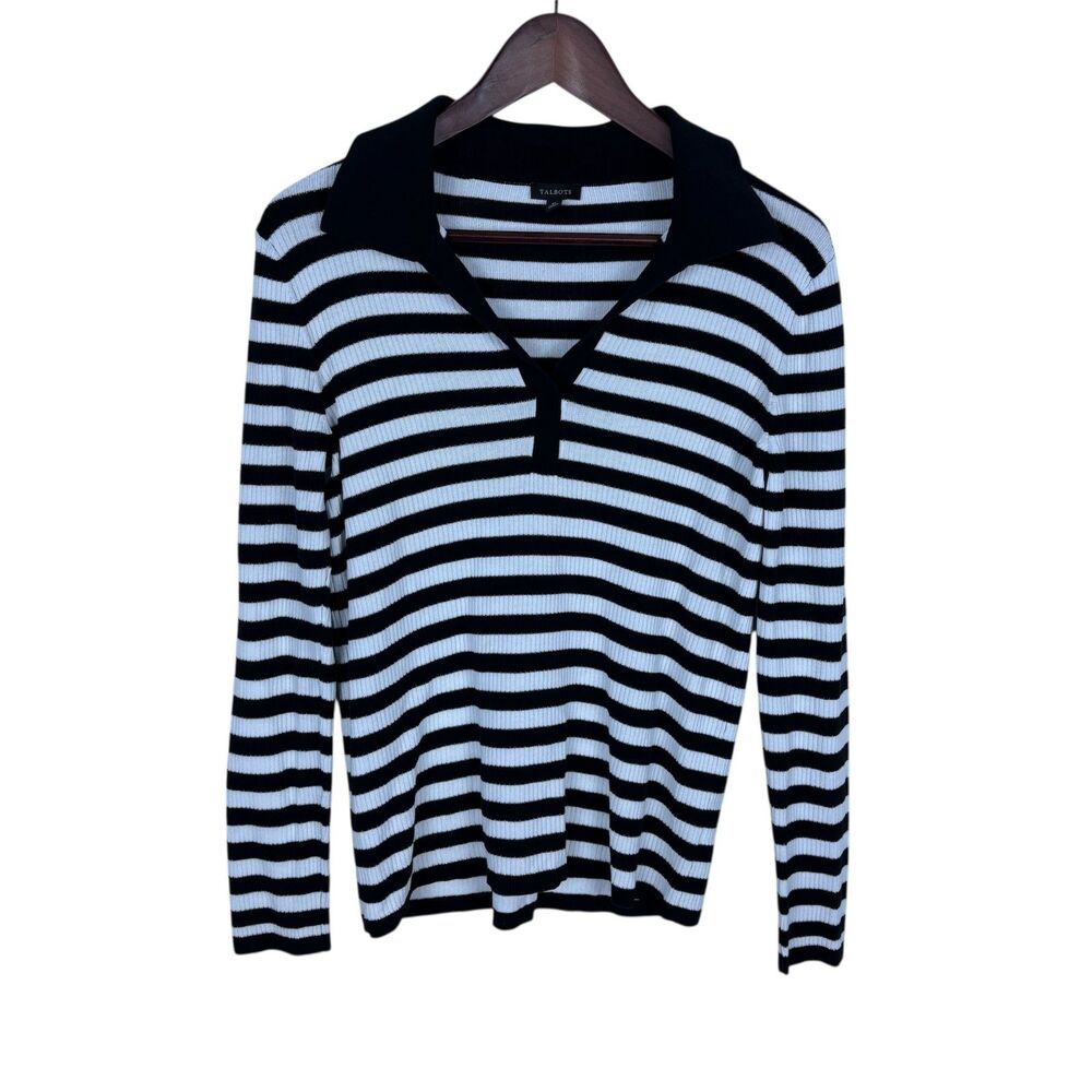 Talbots Johnny Collar Pullover Top Polo Mariner Stripe V-Neck Shirt Women Medium